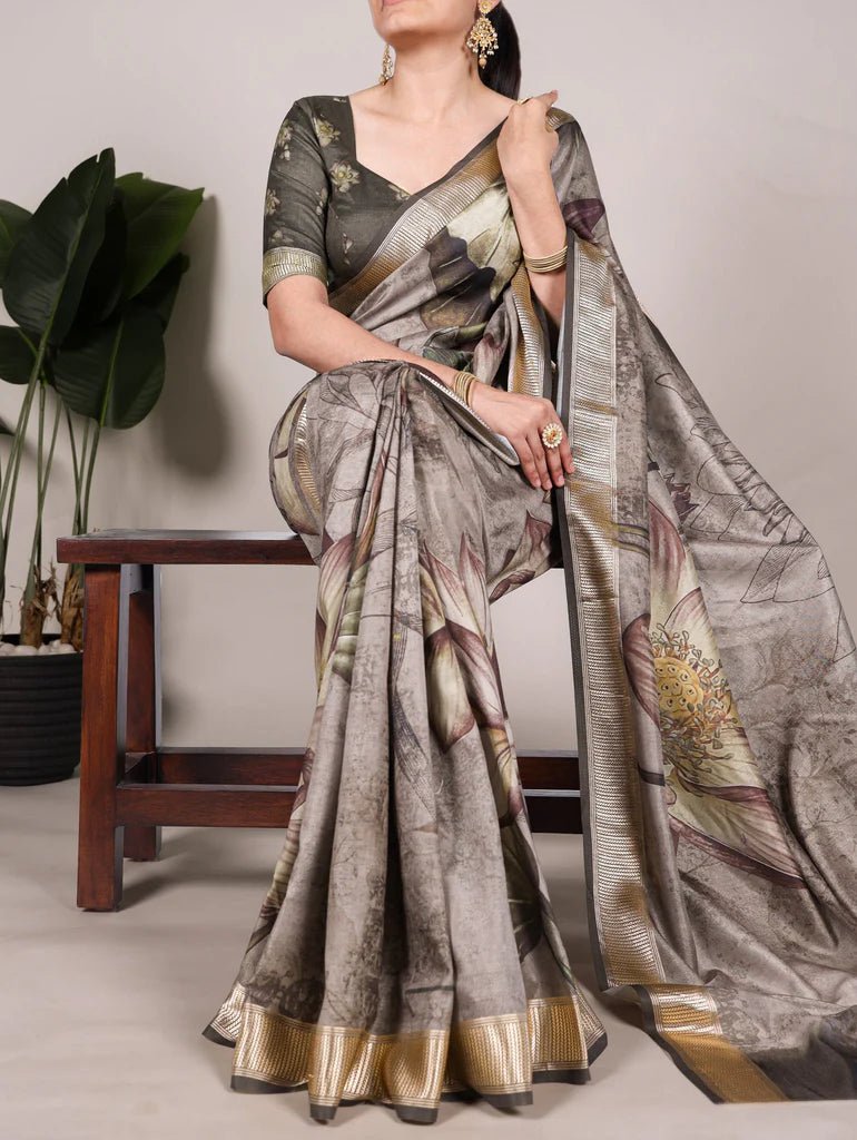 Unique Black & Grey Floral TYNF Saree - Indian Dress House 786