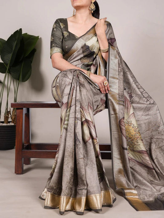 Unique Black & Grey Floral TYNF Saree - Indian Dress House 786