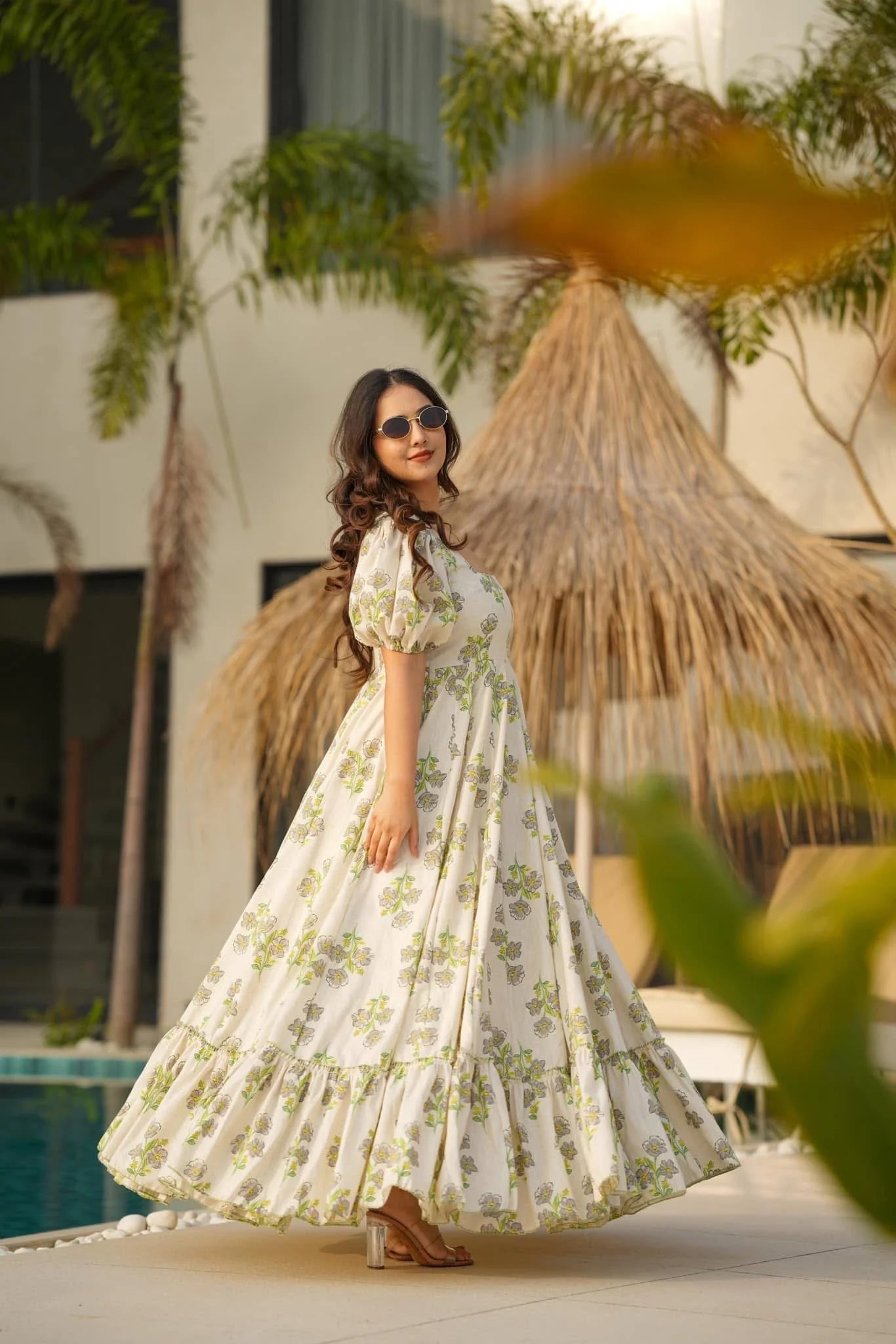 Unique Cream Floral Green LC 11004 FVD - Indian Dress House 786