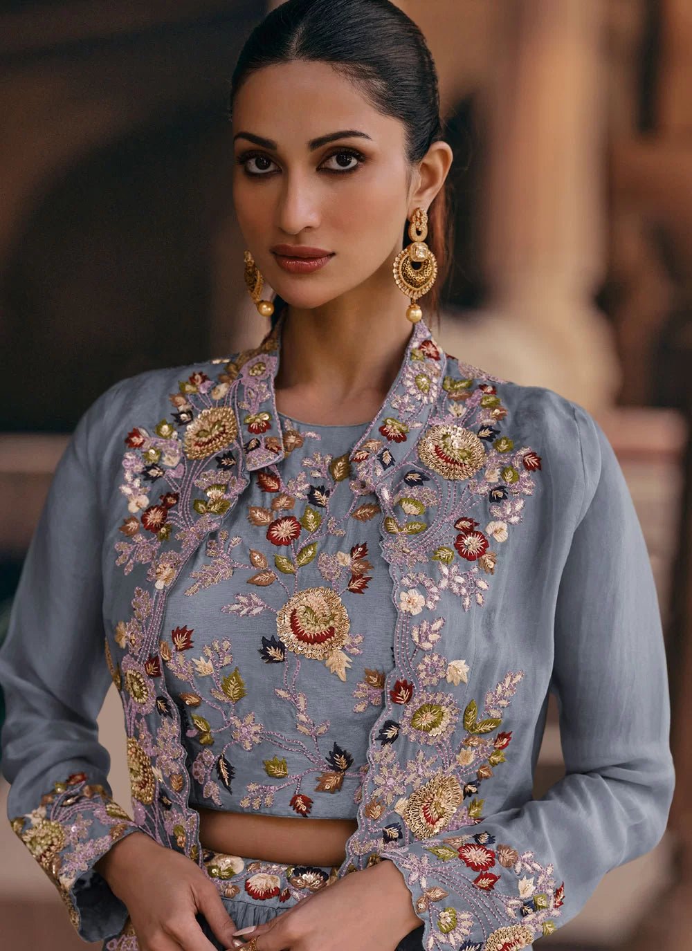 Unique Dusty Blue Floral SMJ - Indian Dress House 786