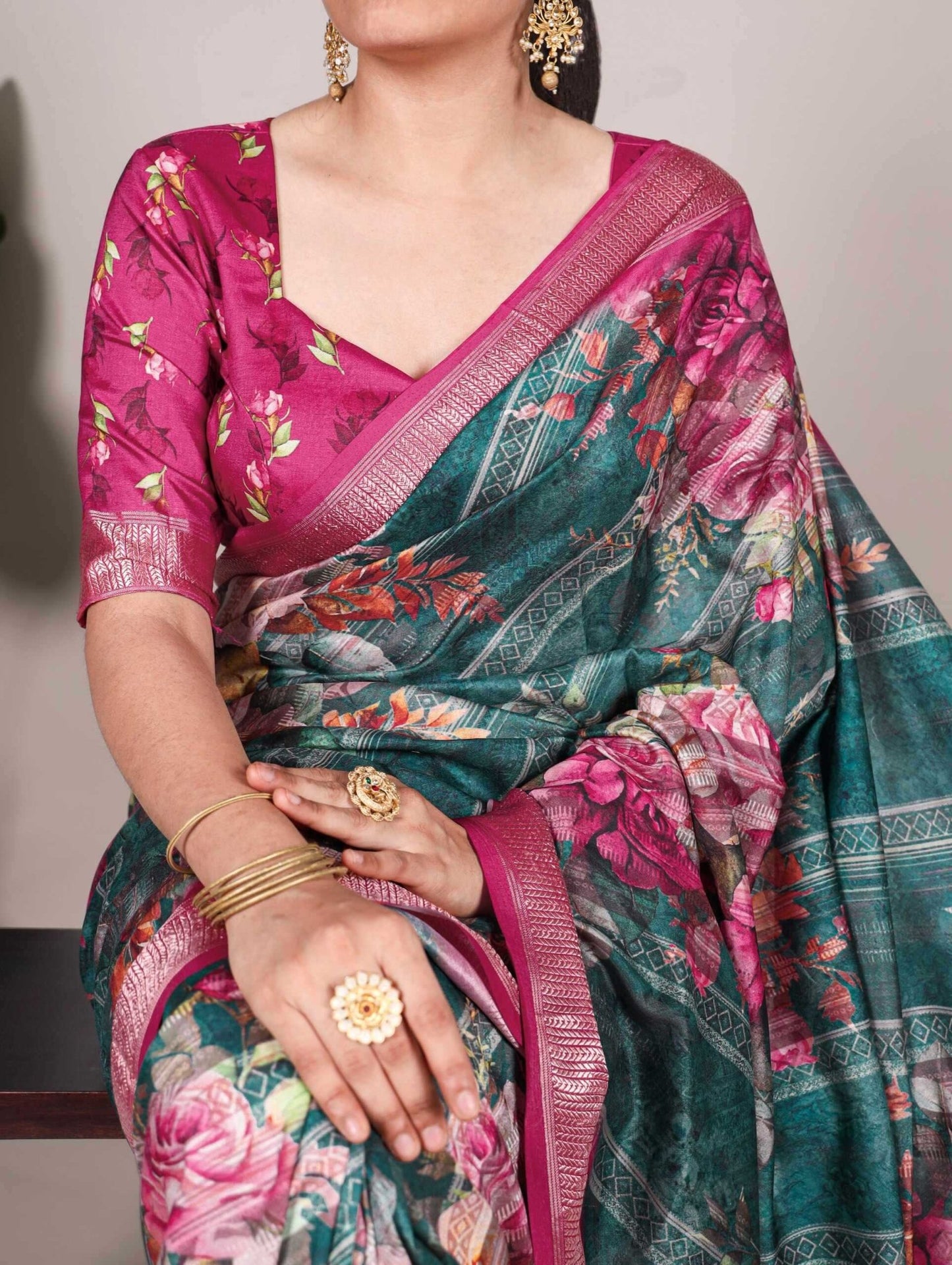 Unique Floral Green & Pink TYNF Saree - Indian Dress House 786