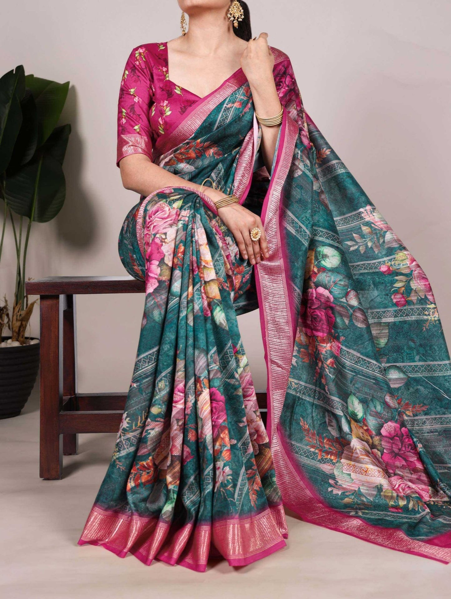Unique Floral Green & Pink TYNF Saree - Indian Dress House 786