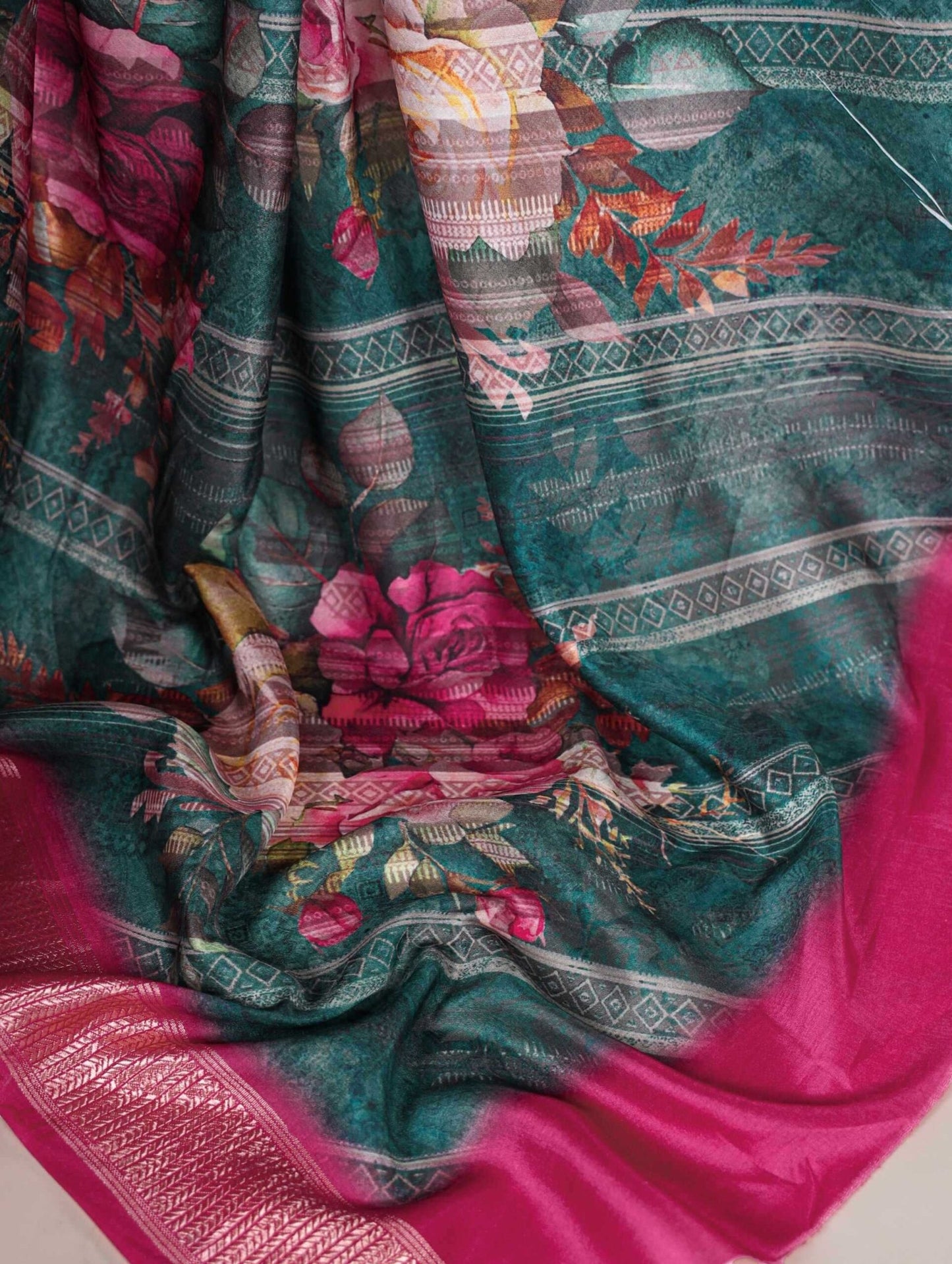 Unique Floral Green & Pink TYNF Saree - Indian Dress House 786