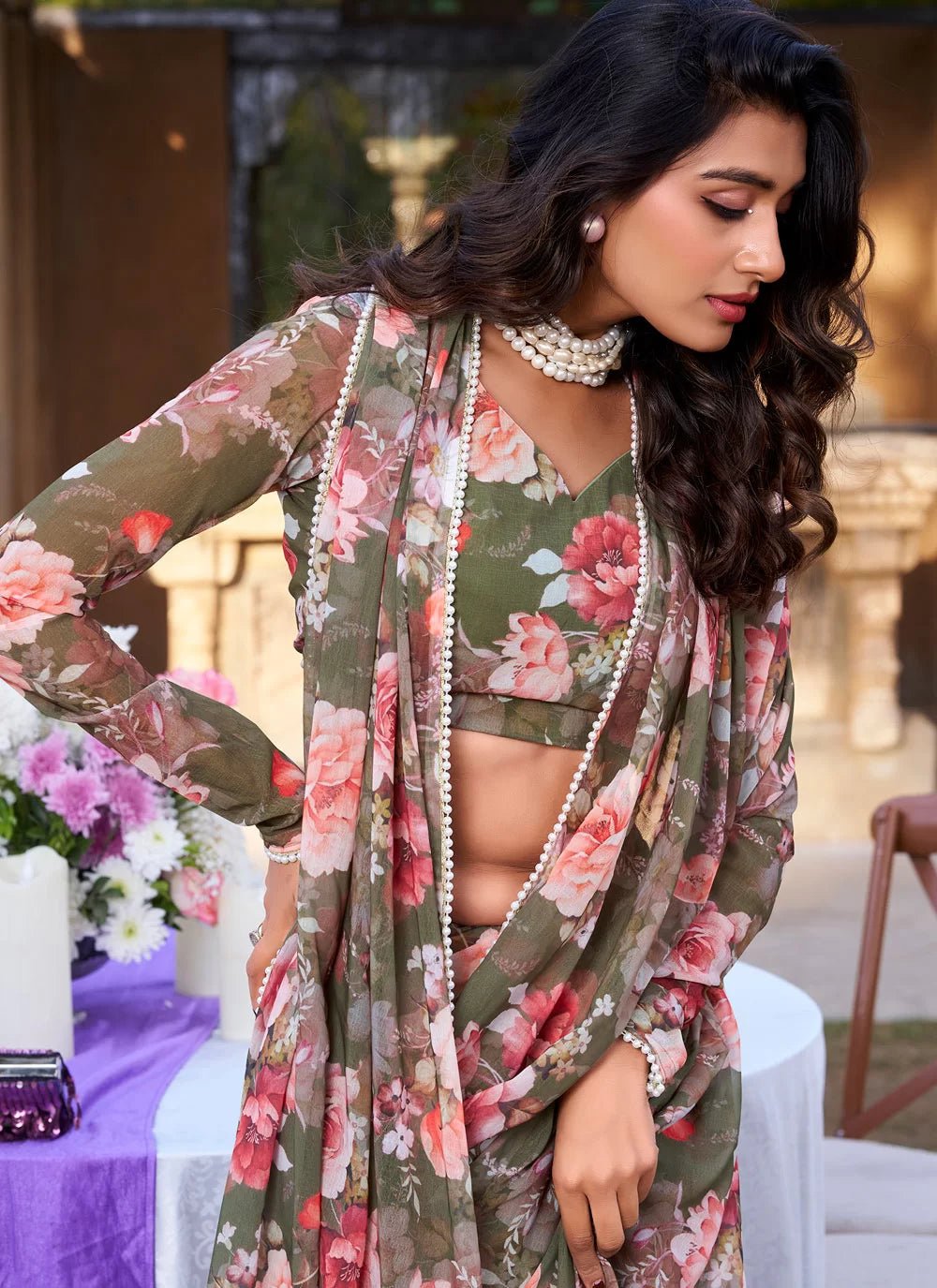 Unique Green Floral BTS SAREE - Indian Dress House 786