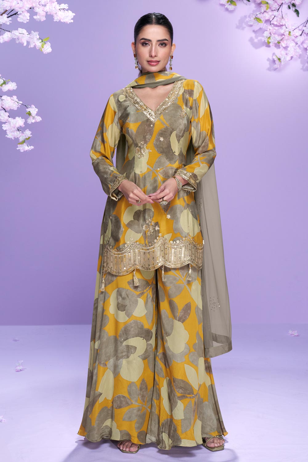 Unique Mustard & Grey Floral SYVA - Indian Dress House 786