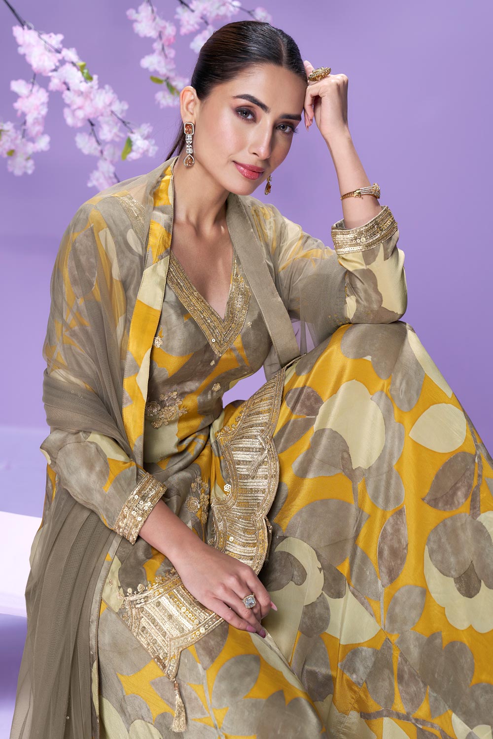 Unique Mustard & Grey Floral SYVA - Indian Dress House 786