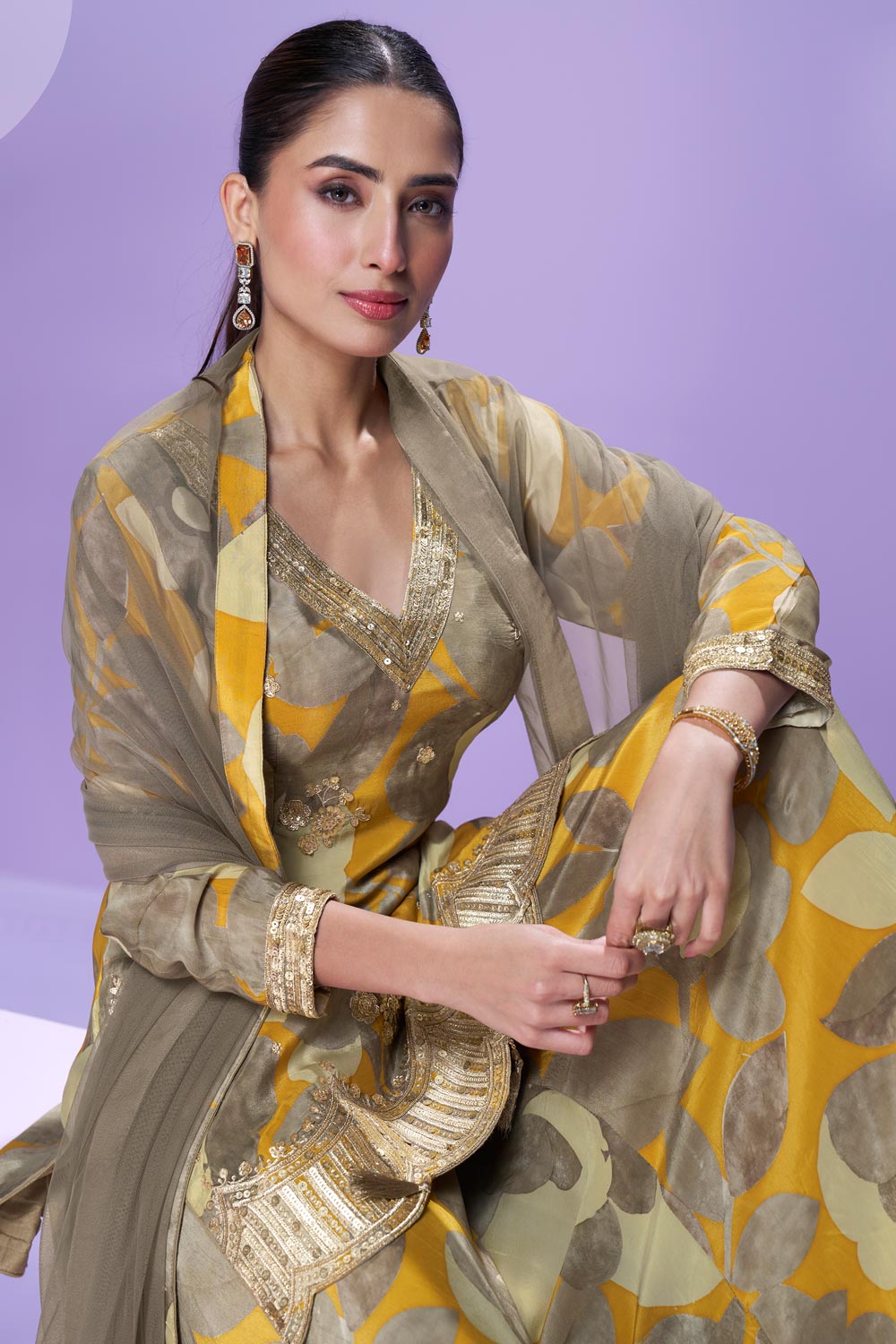 Unique Mustard & Grey Floral SYVA - Indian Dress House 786
