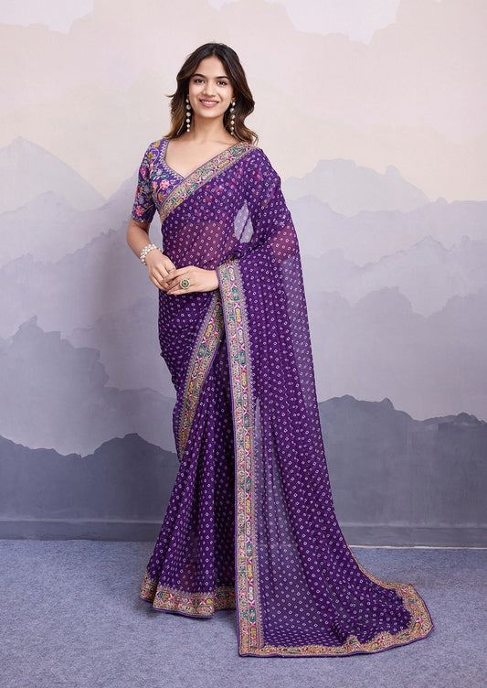 Unique Purple Bhandani STR Saree - Indian Dress House 786
