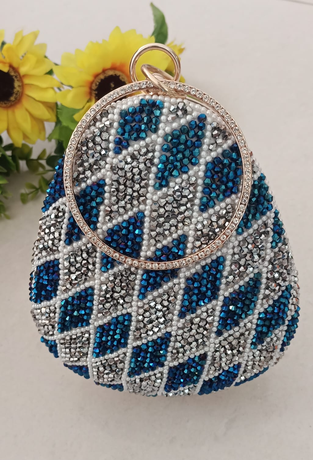Checkered Blue & Silver Oval Clutch Bag CFB - Indian Dress House 786