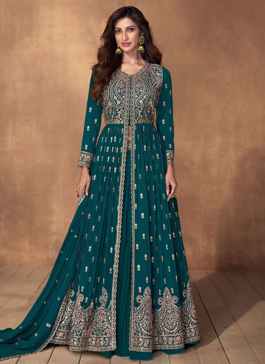 Elegant Pastel Teal Floral Lengha ACMD - Indian Dress House 786