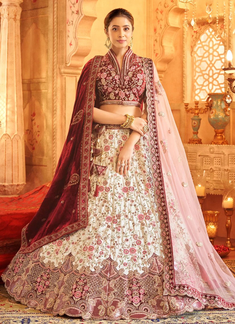 Floral Unique White & Red PAL - Indian Dress House 786