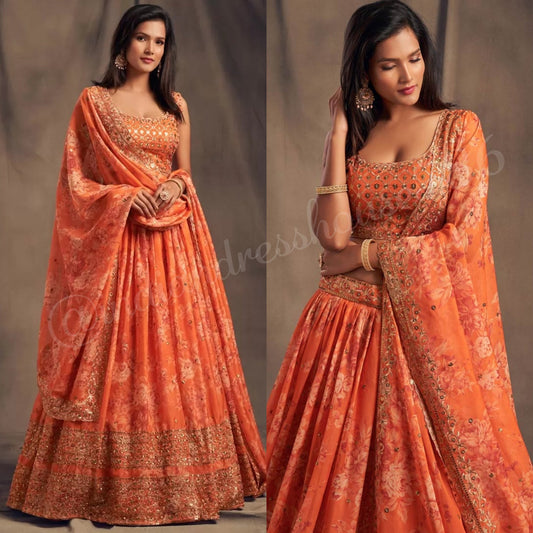 Stylish Orange Floral AD - Indian Dress House 786