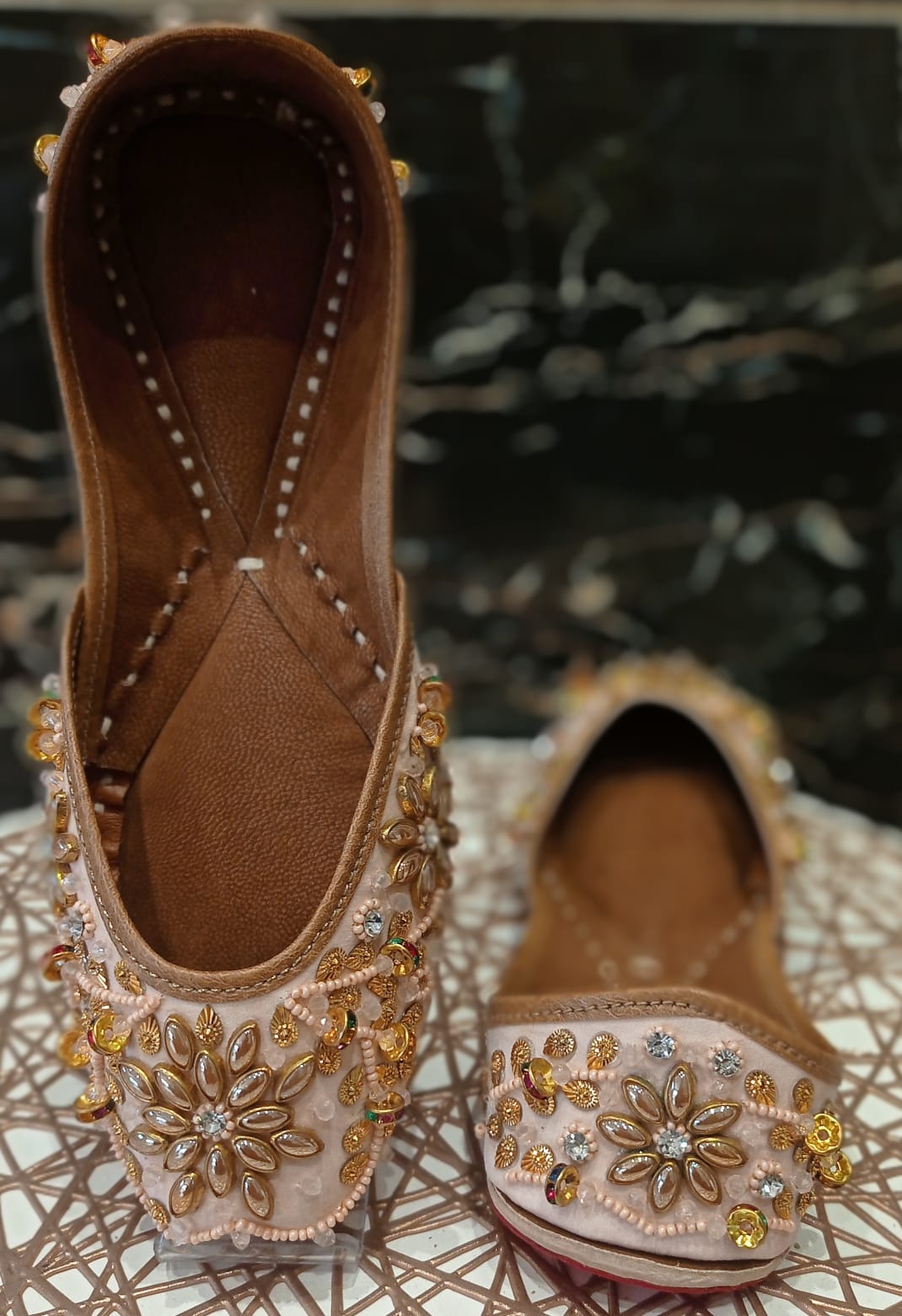 Unique Beaded Peachy Gold Jutti - Indian Dress House 786