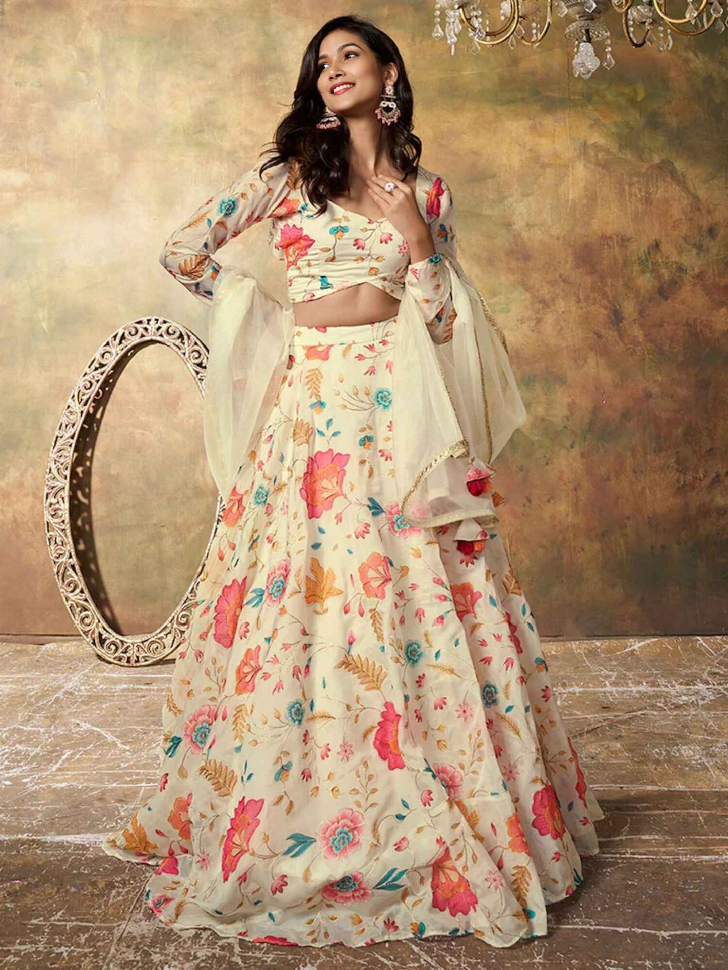 Alluring Soft Cream Floral ZLC - Indian Dress House 786