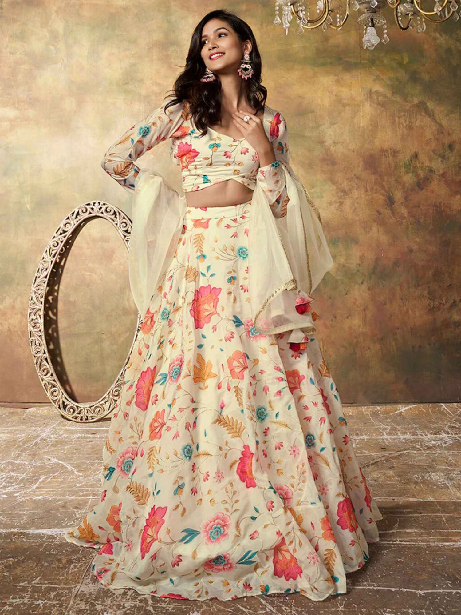 Alluring Soft Cream Floral ZLC - Indian Dress House 786
