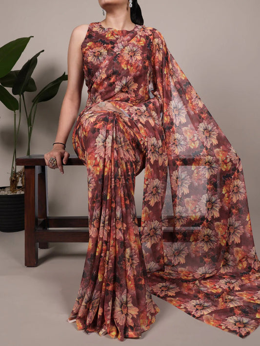 Autmn Orange Floral PRI YNF Saree - Indian Dress House 786