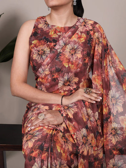 Autmn Orange Floral PRI YNF Saree - Indian Dress House 786