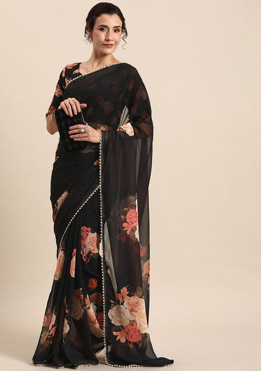 Beautiful Black Floral M Saree - Indian Dress House 786