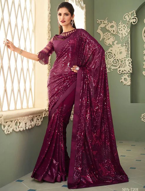 Beautiful Maroon Sequined TFHS Saree - Indian Dress House 786