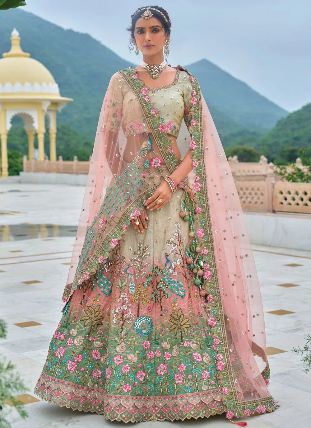 Breath Taking Sea Green & Peach Floral ANARL - Indian Dress House 786