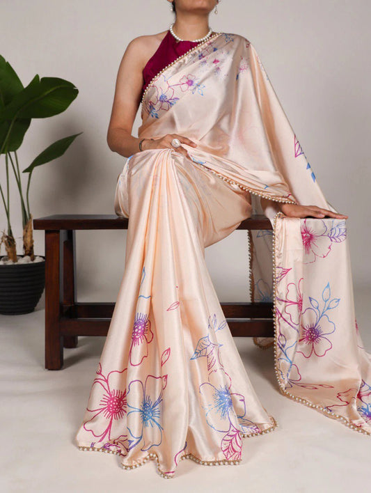 Creme Peache Floral BTS SAREE - Indian Dress House 786