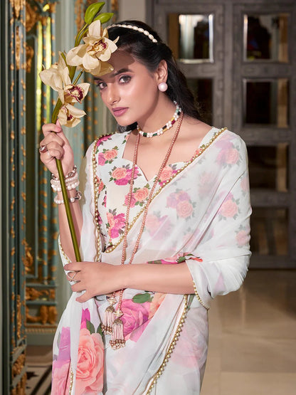 Crisp White Floral Dream YF Saree - Indian Dress House 786