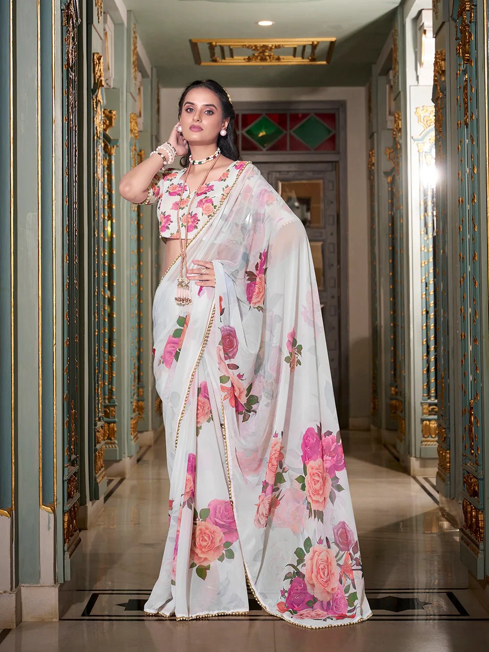 Crisp White Floral Dream YF Saree - Indian Dress House 786