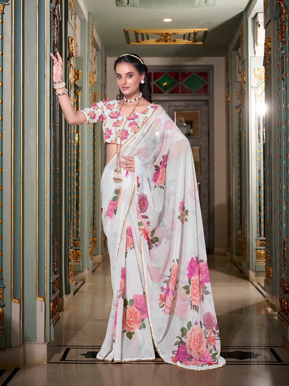 Crisp White Floral Dream YF Saree - Indian Dress House 786