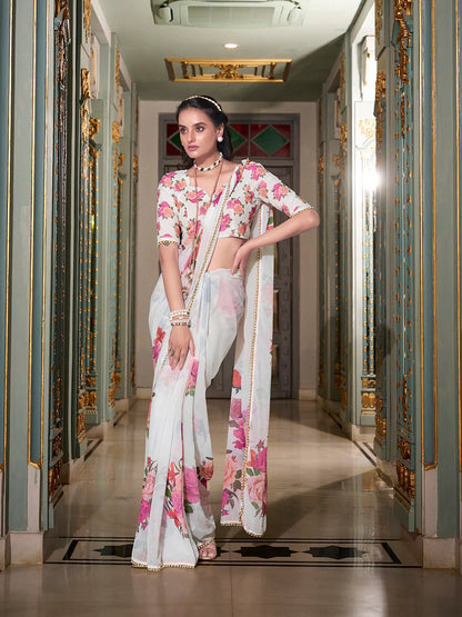 Crisp White Floral Dream YF Saree - Indian Dress House 786