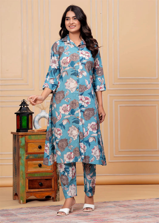 Elegant Blue Floral Co - Ord DTB FVD - Indian Dress House 786