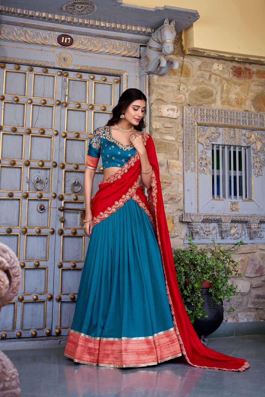 Elegant Blue & Red PVL - Indian Dress House 786