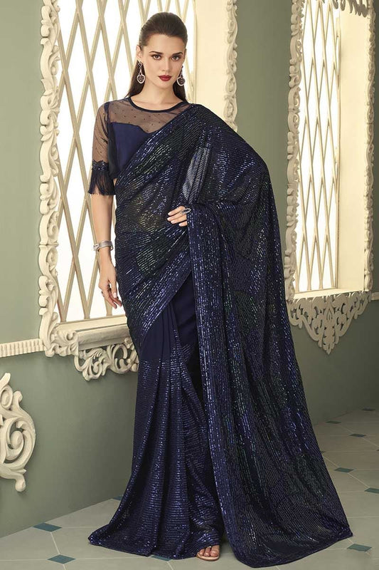 Elegant Blue Sequined TFHS Saree - Indian Dress House 786