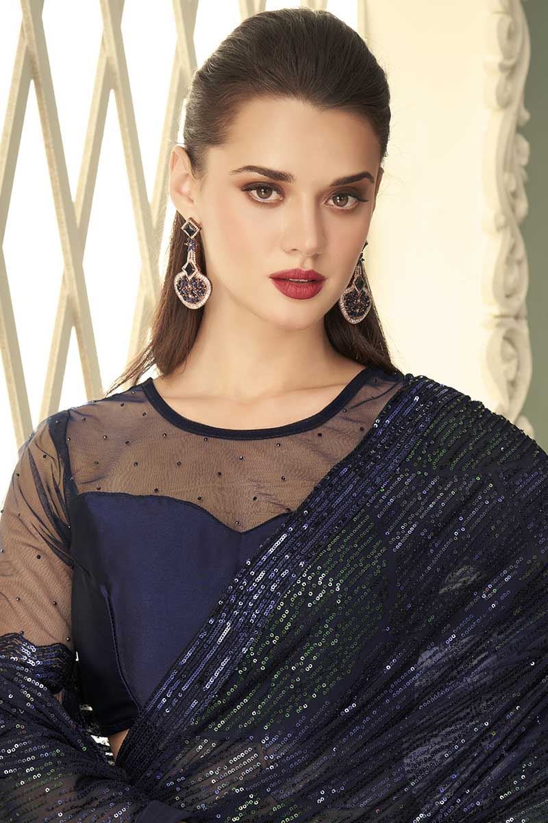 Elegant Blue Sequined TFHS Saree - Indian Dress House 786