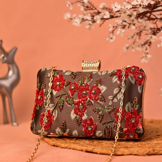 Elegant Brown & Red Floral CFB - Indian Dress House 786