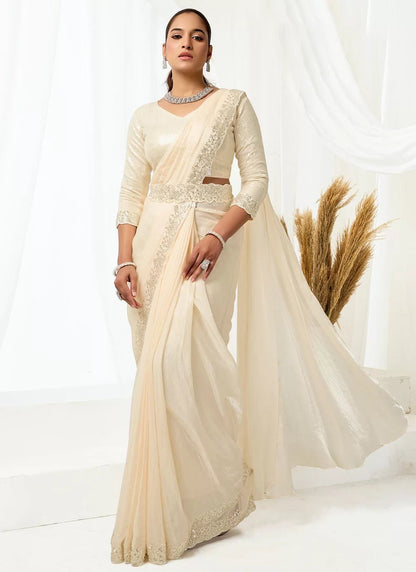 Elegant Cream Floral MNL Saree - Indian Dress House 786