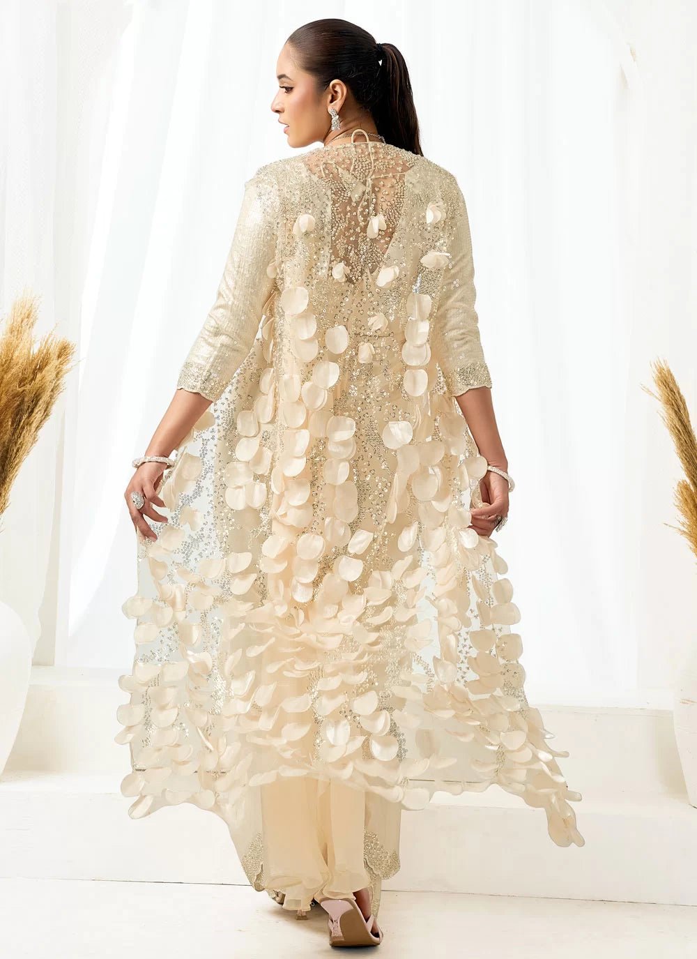 Elegant Cream Floral MNL Saree - Indian Dress House 786