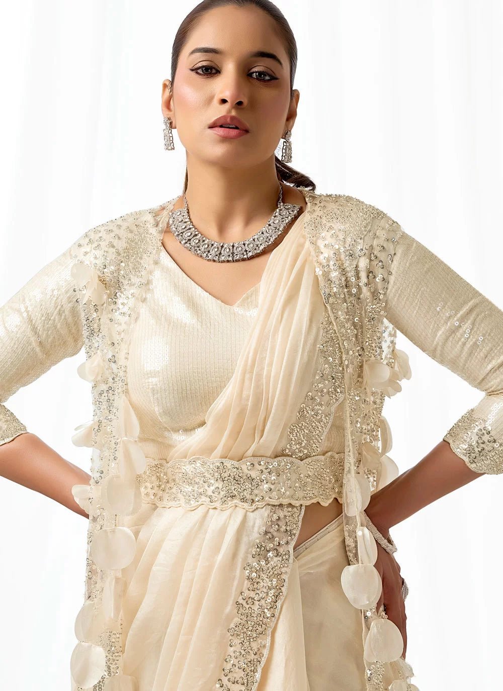 Elegant Cream Floral MNL Saree - Indian Dress House 786