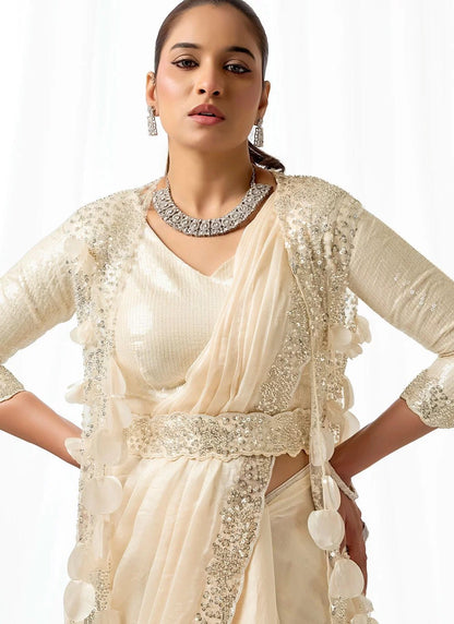 Elegant Cream Floral MNL Saree - Indian Dress House 786