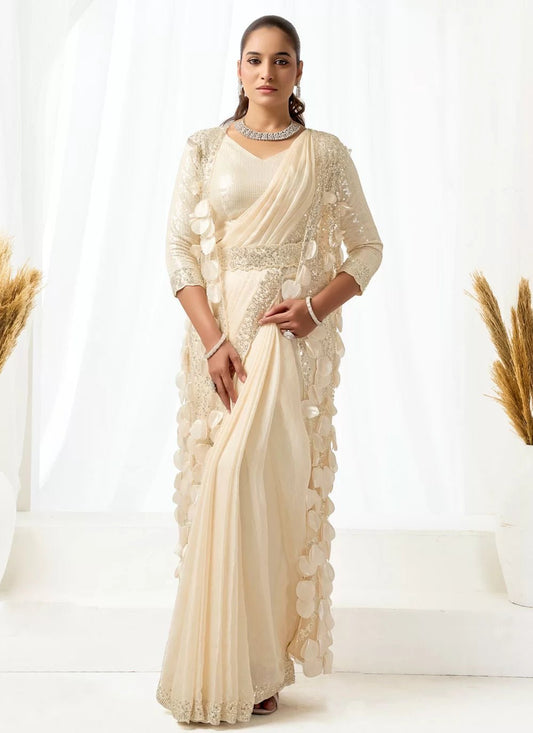 Elegant Cream Floral MNL Saree - Indian Dress House 786