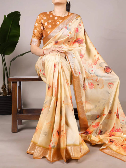 Elegant Cream Floral T YNF Saree - Indian Dress House 786