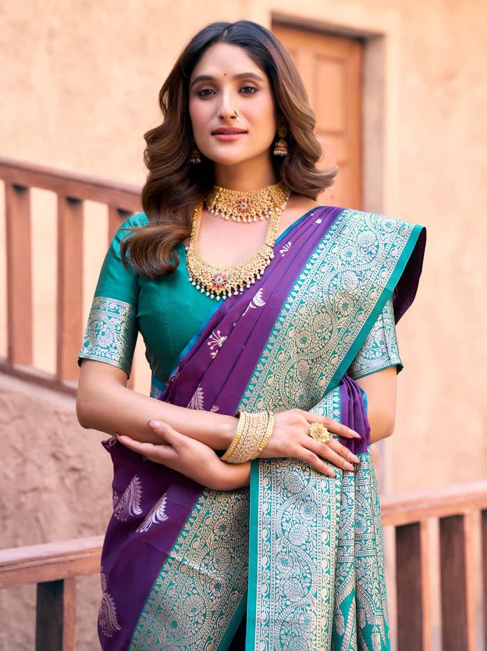 Elegant Eggplant & Blue Floral GBS - Indian Dress House 786