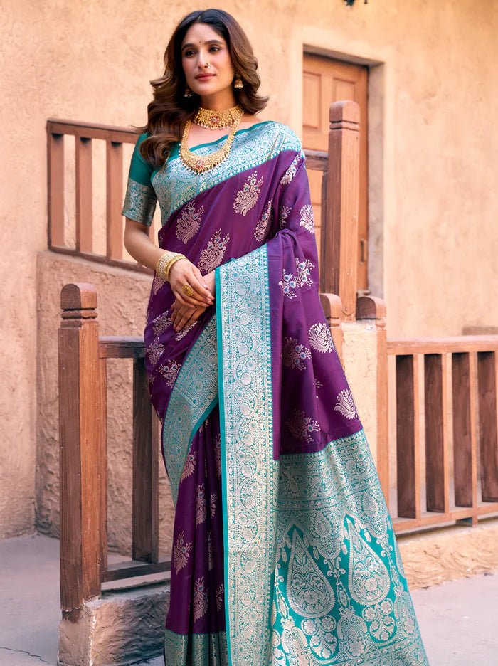 Elegant Eggplant & Blue Floral GBS - Indian Dress House 786