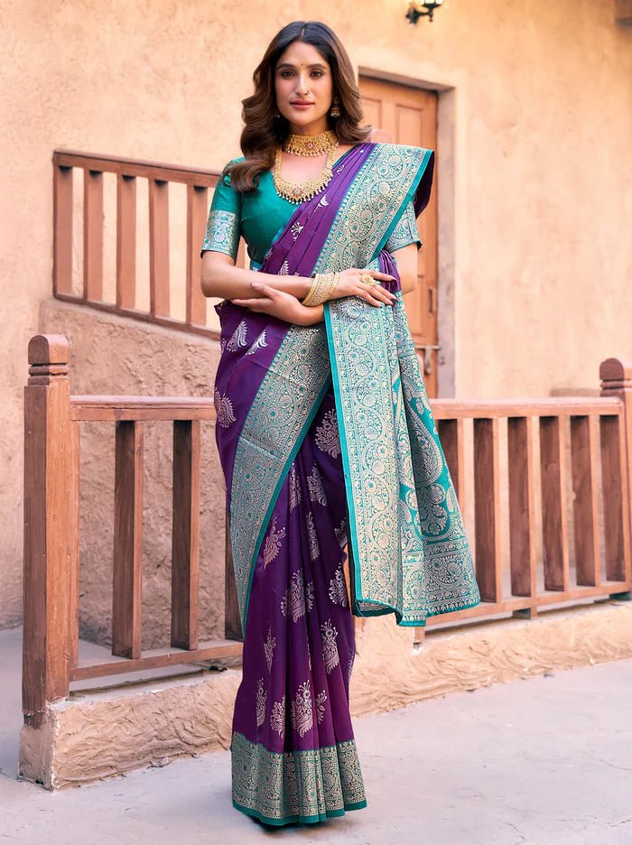 Elegant Eggplant & Blue Floral GBS - Indian Dress House 786