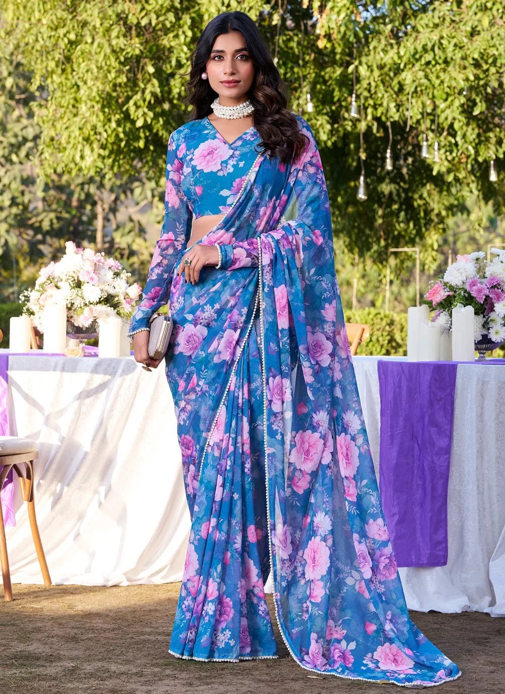 Elegant Floral Blue & Pink BTS SAREE - Indian Dress House 786