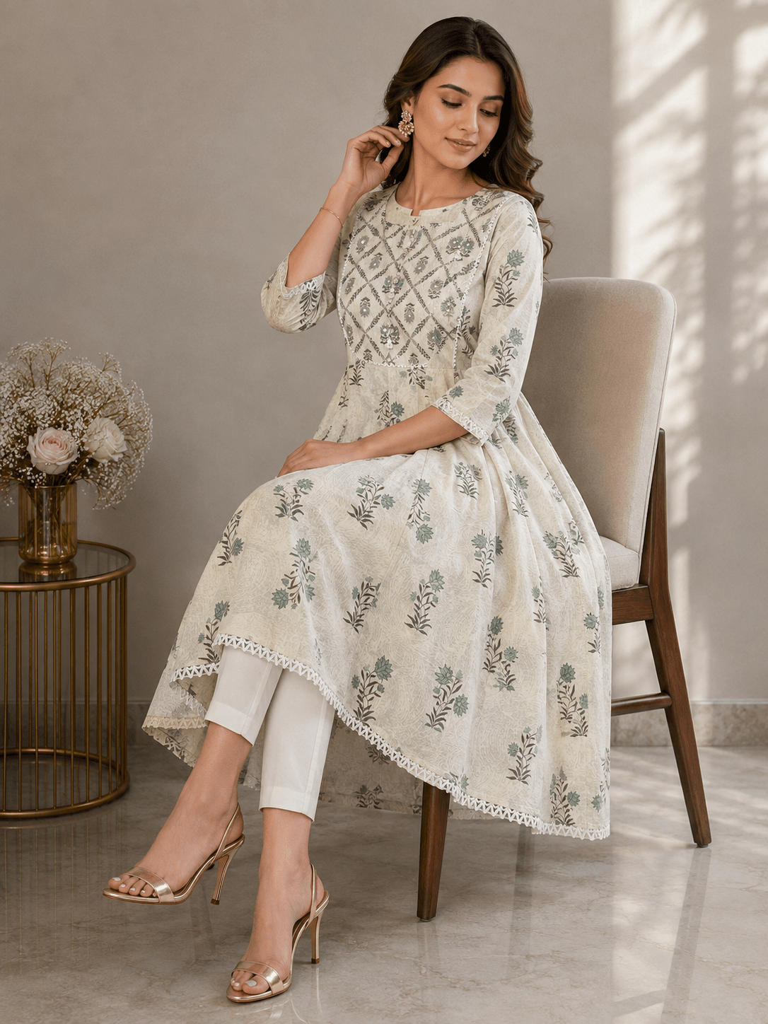 Elegant Floral Green Off White NK FVD - Indian Dress House 786