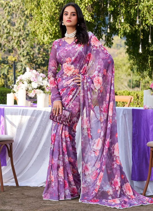 Elegant Floral Purple BTS Saree - Indian Dress House 786