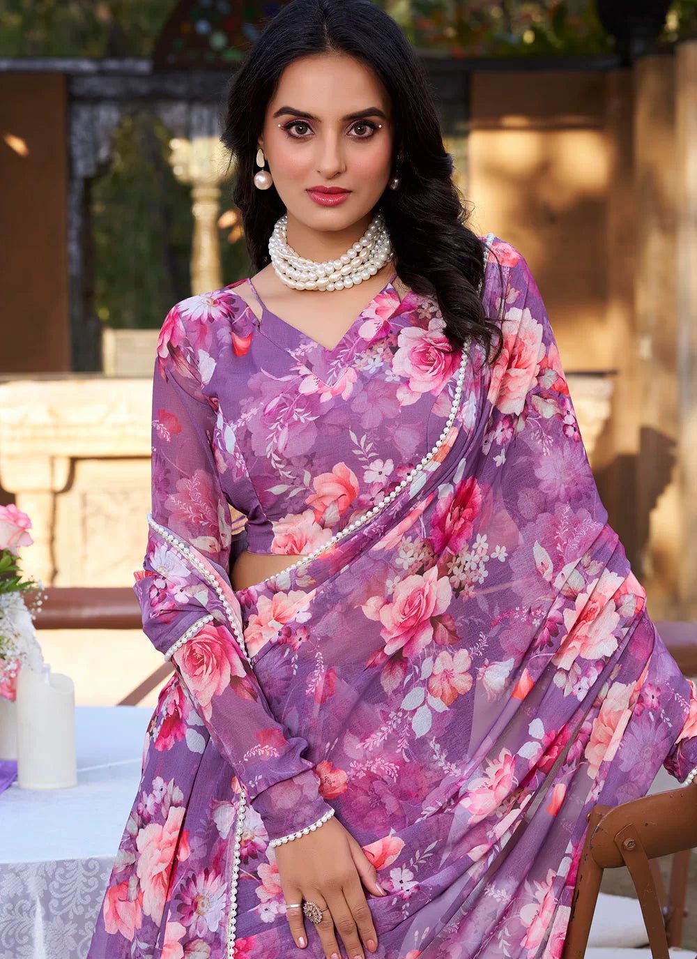 Elegant Floral Purple BTS Saree - Indian Dress House 786