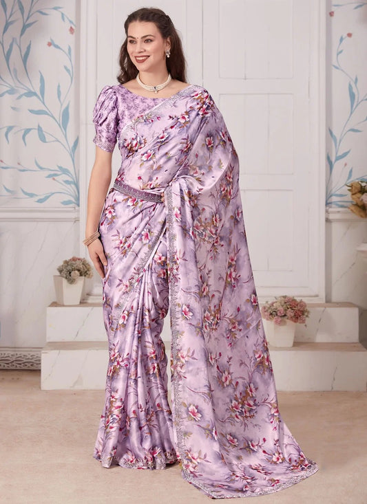 Elegant Floral Purple MH 696 Saree - Indian Dress House 786
