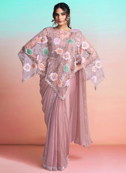 Elegant Floral Soft Pink MN Saree - Indian Dress House 786