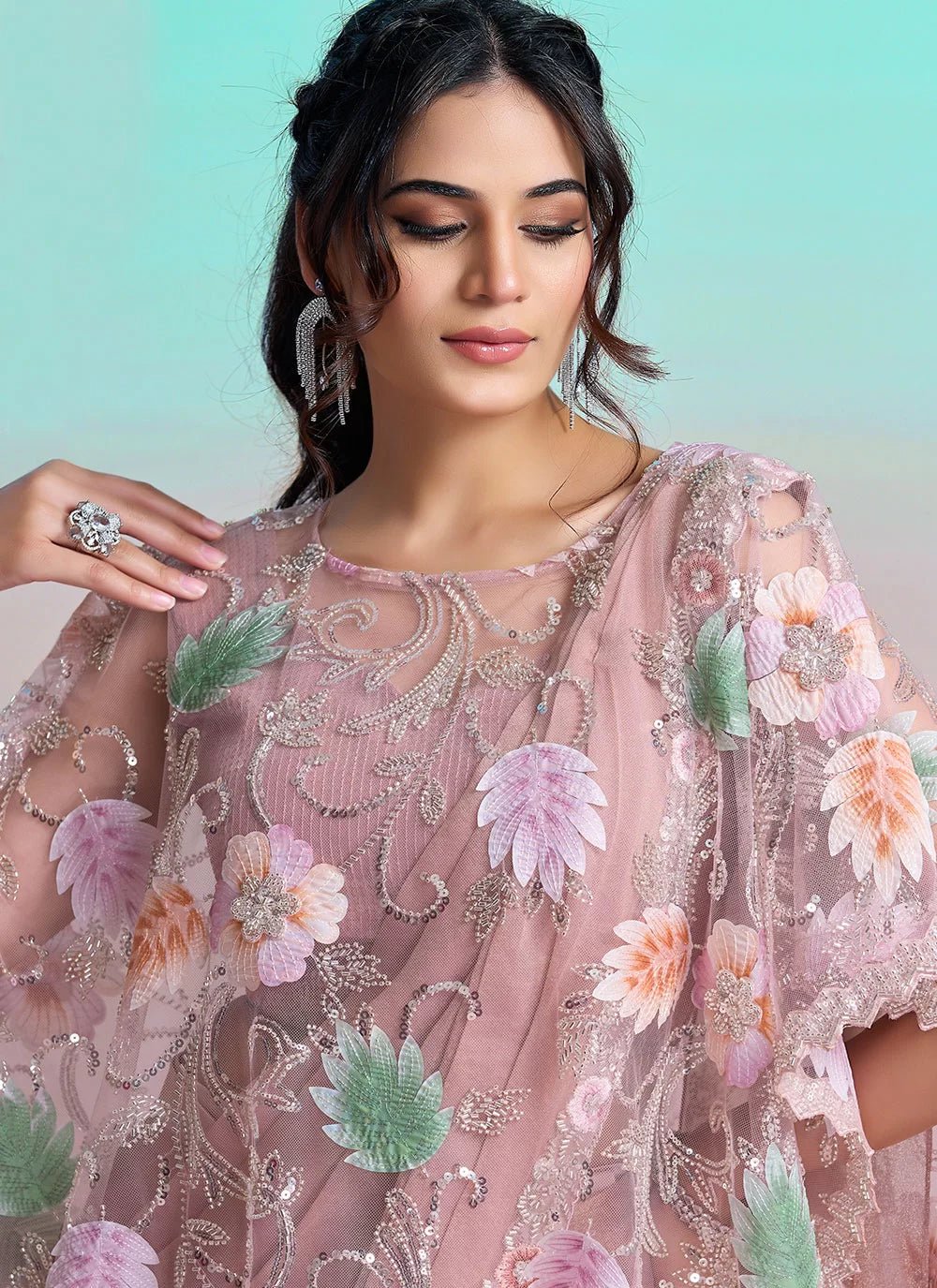 Elegant Floral Soft Pink MN Saree - Indian Dress House 786